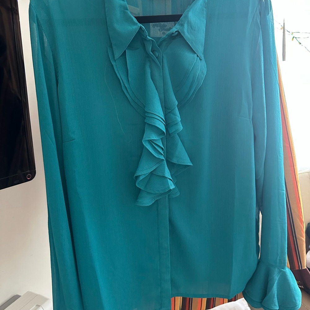 Chic Teal Ruffle Blouse - Picture 2 of 6